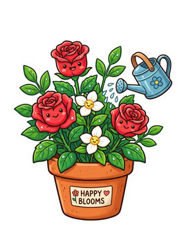 Sweet kawaii style drawing of smiling red roses and tiny white flowers getting watered by a cute blue watering can in a happy blooms pot.