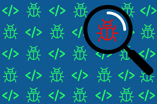 Magnifying glass on red software code debugging error, Bug bounty program
