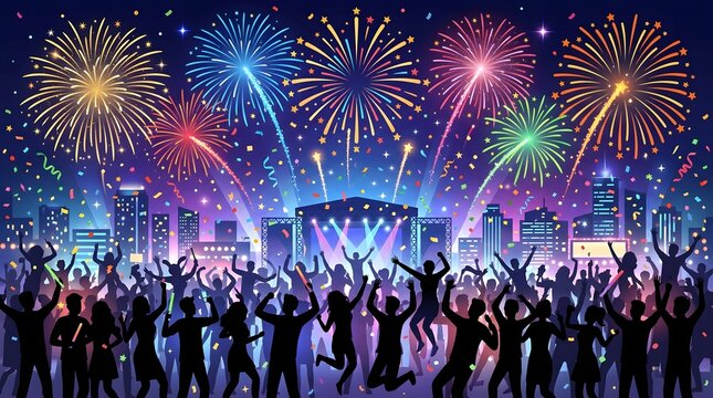Vibrant New Year Party Celebration With Crowd Dancing Fireworks Stage Lights And Festive Night Atmosphere
