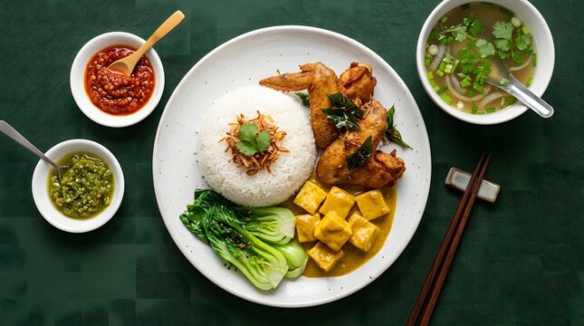 A flat lay of a Southeast Asian meal with fried chicken wings, rice, curry tofu, bok choy and sambal condiments.