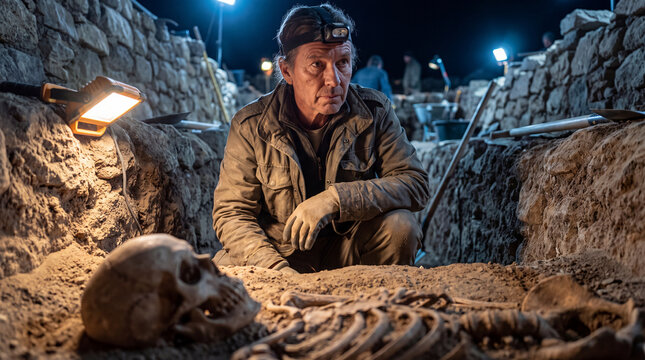 Dedicated archaeologist unearths ancient human skeleton and skull during night excavation