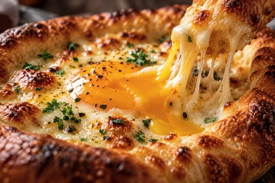 Close-up of runny egg yolk and stretchy melted cheese on Georgian khachapuri
Category: Food