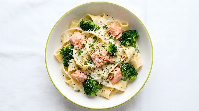 Creamy salmon pasta with broccoli florets served in a white bowl garnished with herbs and parmesan.
