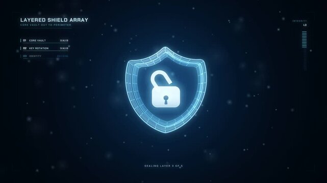 Layered security shield building around a padlock that closes when all defense layers activate