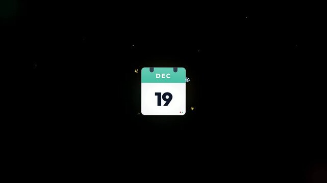 Animated flip calendar icon showing December 19 date event reminder motion graphic on black background with light particles
