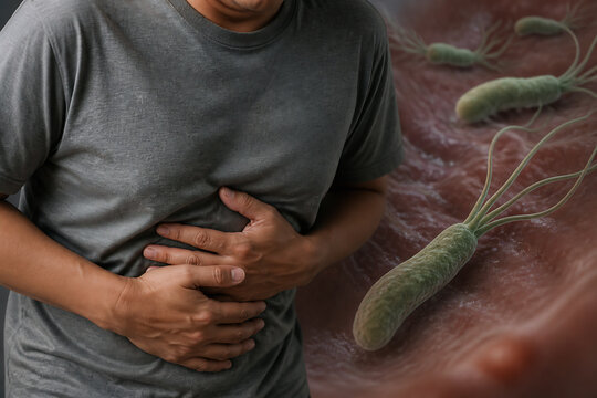 A person in a grey t-shirt is holding their stomach against a backdrop featuring large, green, worm-like organisms.