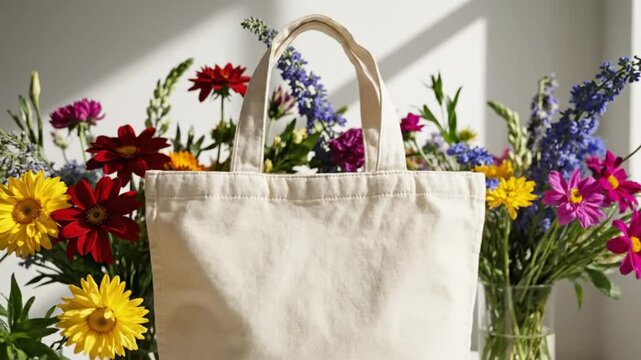 Brightly colored fresh flowers with a blank cream tote bag in a sunny room, ready for your design