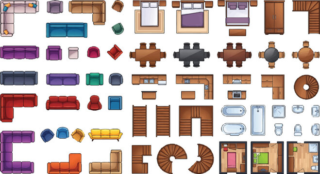 Top View Furniture and Interior Elements Set for Architectural Floor Plans Design