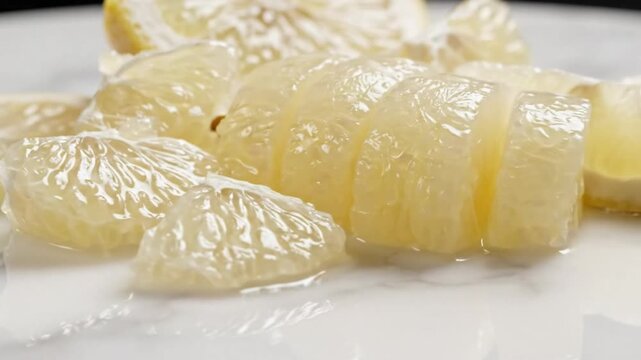 Close-up of fresh pomelo fruit segments on a white plate, showcasing juicy and translucent texture