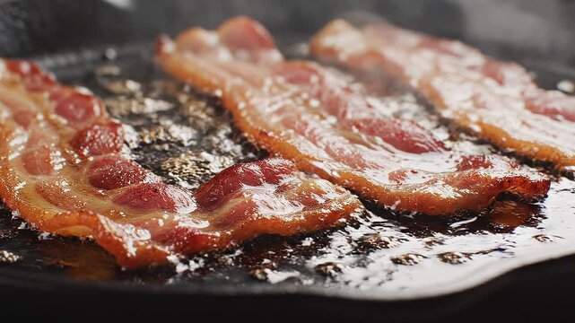 Crispy grilled bacon strips sizzling in a pan, highlighting rich texture and savory flavor.