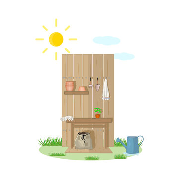 Gardening potting bench. Wooden garden workbench with flower pots, gardening tools, gloves, bag with soil on wooden fence background and watering can. For spring or summer planting concept. Vector