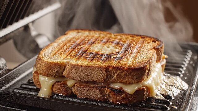 Crispy grilled sandwich pressed on a hot grill, with golden texture and savory steam rising.