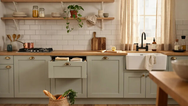 Compact galley kitchen with white subway tiles and open shelving, in warm afternoon light
