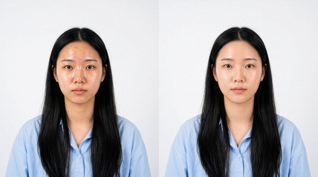 Before and after skincare comparison, Asian woman acne vs clear skin