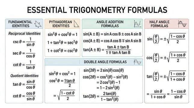 Educational illustration of trigonometry formulas with mathematical symbols and equations in a clean layout