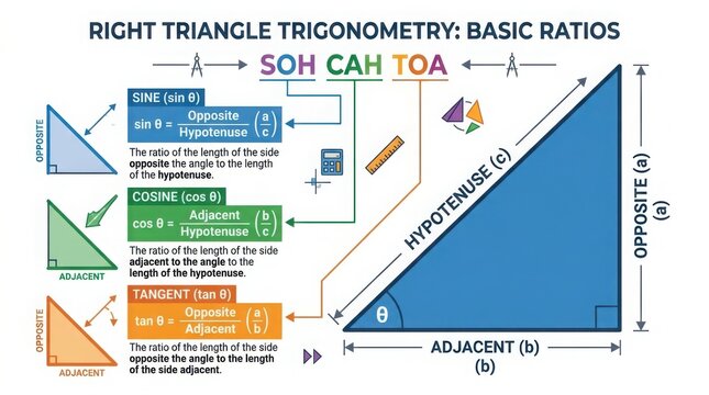 Educational vector illustration of a right triangle demonstrating trigonometry concepts with labels and annotations
