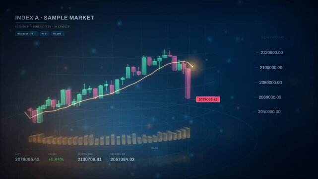 Candlestick chart animation showing a stock market rally, crash and recovery with volume bars
