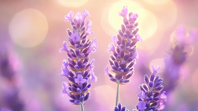 Soft lavender stems in dreamy sunlight with blurred pastel background creating peaceful botanical scene aromatic wellness mood natural beauty garden freshness relaxing floral summer atmosphere closeup