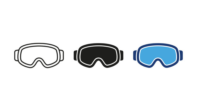 Set of three ski goggles icons in outline, solid, and colored styles, vector illustration