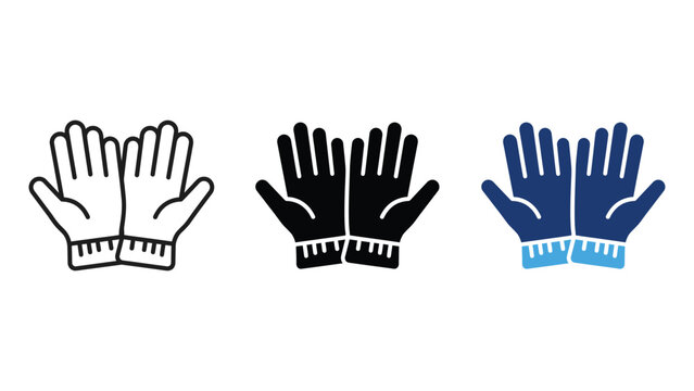 Set of winter gloves icons, vector illustration of warm knitted hand wear in outline, solid black, and blue styles