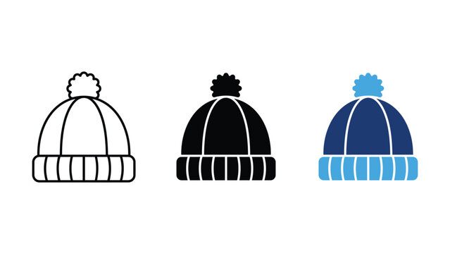 Set of winter hats with pompom, outline, solid black and blue icons, warm knitted headwear for cold weather