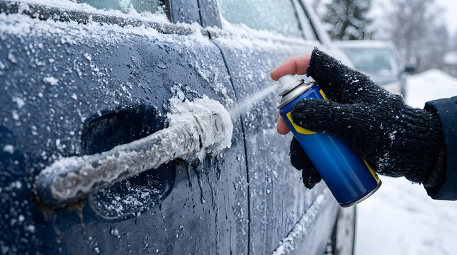 Spraying De-Icer Spray On Frozen Car Door Handle In Winter | Person Applying Deicer Spray To Icy Frozen Car Lock In Cold Weather | Deicing Frozen Car Door Lock With Aerosol Spray Can In Winterdeicer s
