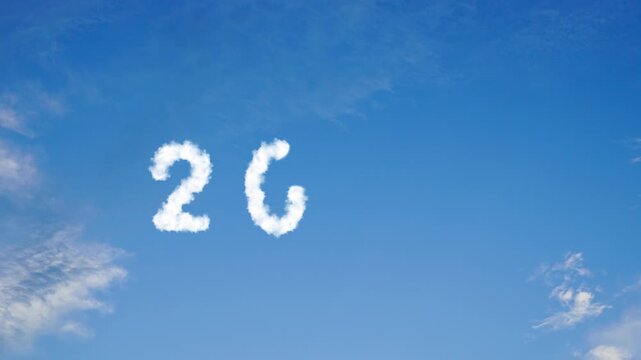 animated video background  of 2027 fluffy cloud number on bright blue sky and green screen background, 4k  animation