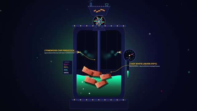 Educational animation explaining the kraft pulping process of pinewood chips, showing chemical reactions in a pressurized digester, lignin cleavage, and cellulose fiber liberation