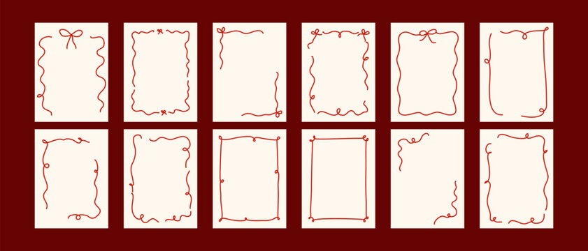 Set of twelve red hand drawn vertical frames with bows, loops and wavy borders on cream cards, ideal for invitations, stories and stationery