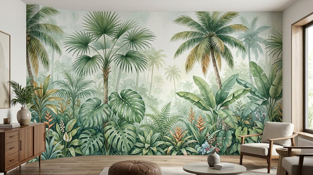 Tropical jungle palm tree botanical wallpaper mural in a modern living room interior with palm trees tropical leaves interior design nature wall decorat