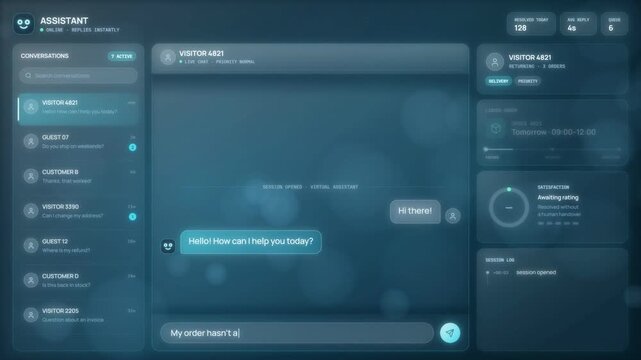 Live chat support dashboard with a conversation queue, order tracking and satisfaction rating