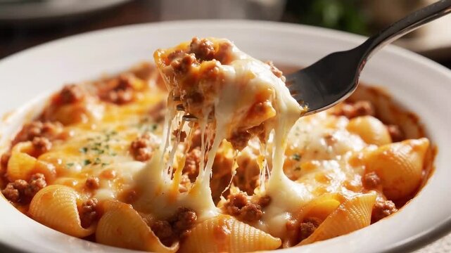 Fork Scooping Cheesy Baked Shell Pasta Casserole with Melted Mozzarella Cheese Pull