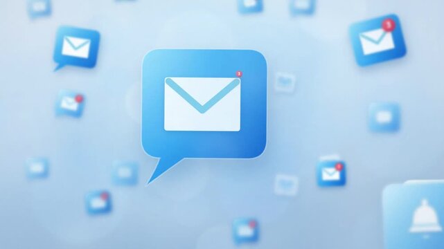 Email notification icon with an unread message badge counting up among floating chat bubbles