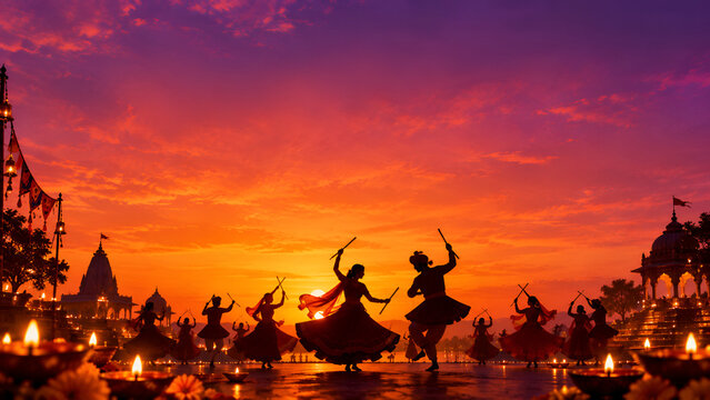 Silhouettes of people performing traditional garba dance at sunset with navratri