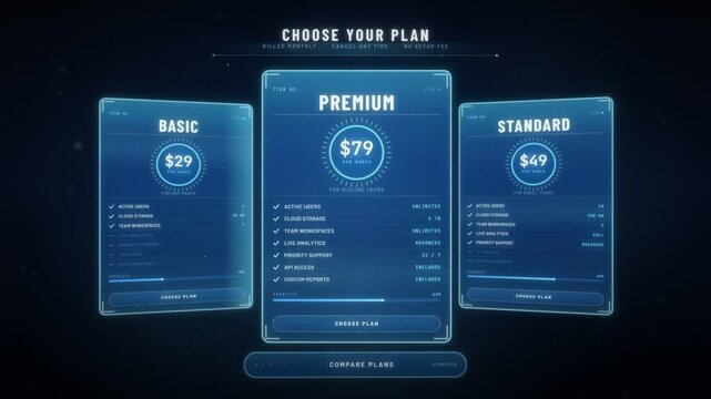 Subscription pricing table comparing basic, standard and premium tiers with the best value plan selected