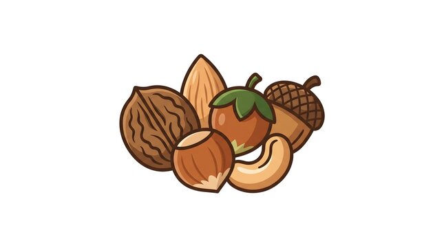 A simple cartoon vector illustration showcasing a mixed group of healthy nuts and seeds, including a walnut, almond, hazelnut, cashew, and acorn