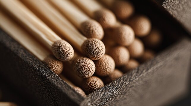 Wooden matches with textured heads arranged inside a small dark wooden storage box