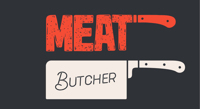 Butcher Knife. Butchery symbol, icon logo, sign signage. Silhouette butcher knife. Cleaver Knife. Template sign, meat shop market, butchery design, tag label, banner sticker. Vector Illustration