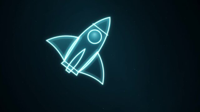 Neon rocket launch animation with the icon forming from particles before a flame trail carries it away