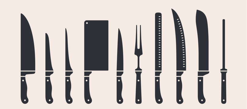 Knife, collection. Meat cutting kitchen knives set. Poster butcher diagram scheme, Meat Knife. Set butcher meat knives, butcher kitchen shop. Knife icon, knives silhouette. Vector illustration