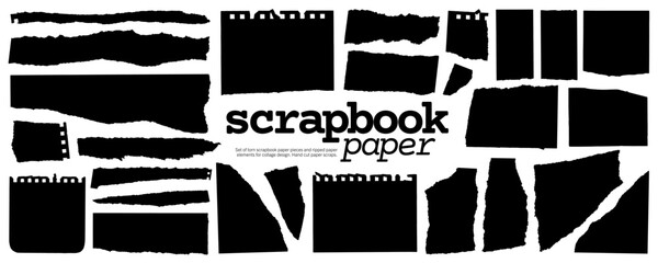 Fototapeta na wymiar Torn paper scrap silhouette with ripped edges collection. Notebook binder torn notes, paper sheet pieces. Scrapbook and collage black elements. Flat sticky scraps for planners and mood boards.