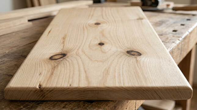 Natural light wood board resting on a workshop workbench with workbench carpentry workshop construction handmade material woodworking craftsmanship