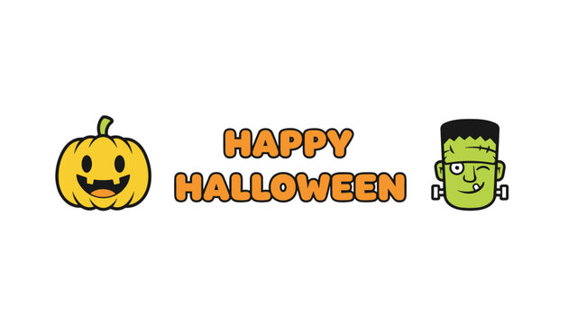 Happy halloween greeting banner with pumpkin and frankenstein