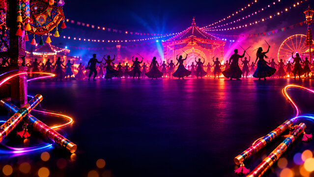 Silhouettes of people performing traditional garba dance during navratri