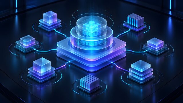3D abstract concept of a centralized data hub containing glowing information cubes connected to distributed server nodes in a digital network.