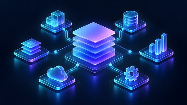 Isometric 3D rendering of a central cloud server database connected to network infrastructure nodes with glowing neon tech icons.