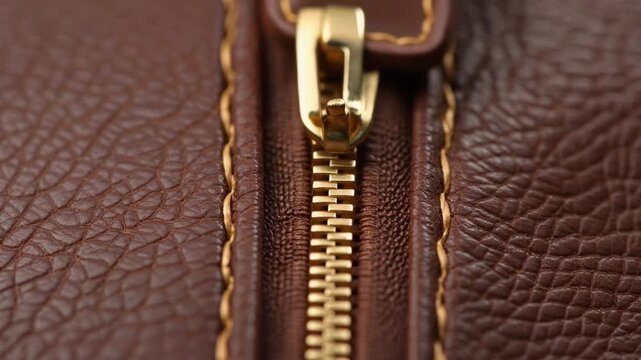 Macro shot of a golden metal zipper on brown leather texture