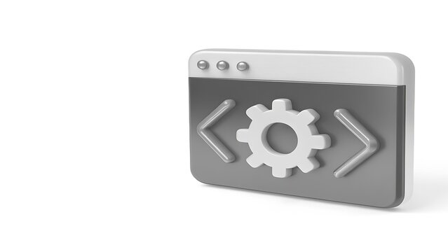 Browser window with gear icon represents software development process.
