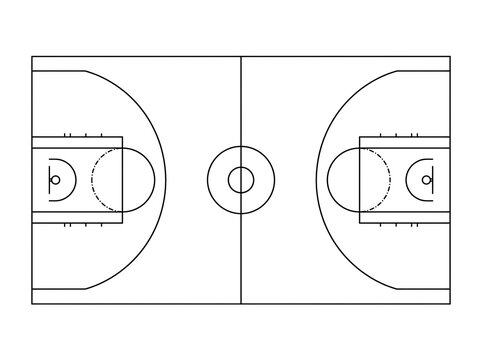 Basketball court layout diagram top view with lines and markings in black and white vector