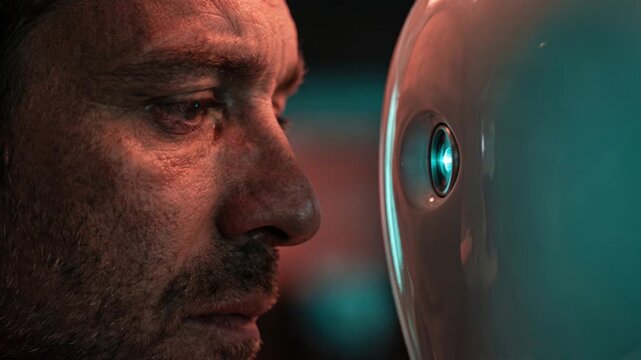 Man face to face with a humanoid robot with a glowing eye, close up profile. Human looking at an artificial intelligence android in neon light. Man versus machine, future technology and AI ethics
